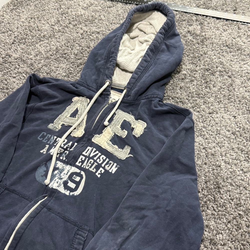 Vintage American Eagle Zip Up Hoodie Mens Navy Excellent Distressed Graphic L